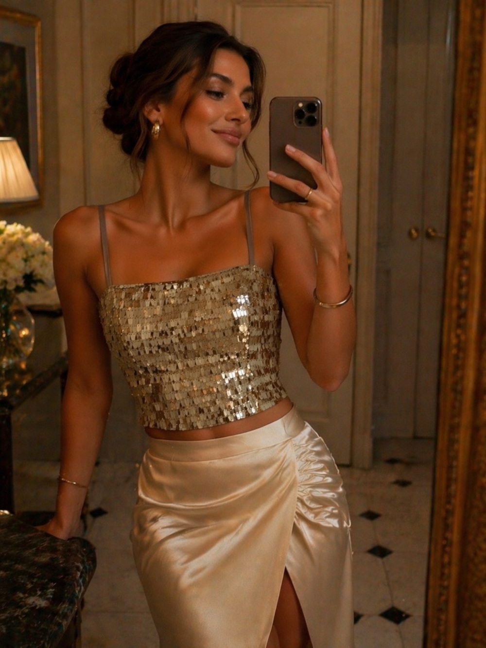 Trina Turk Gold Sequin Crop Top Glam Party Date Night top